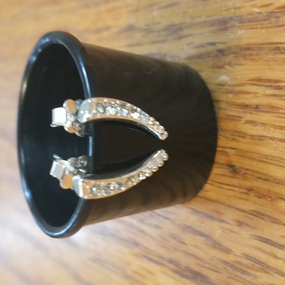 Two pair silver & clear gem earring semi circle & curved bar backs marked SHB - Picture 4 of 4